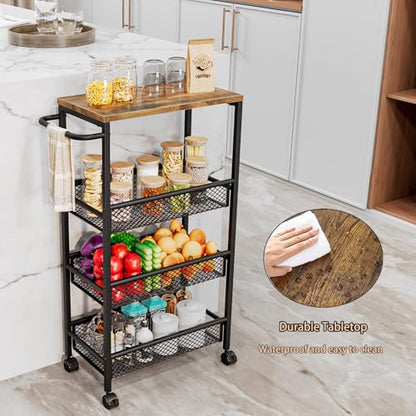 Slim Rolling Cart 4 Tier Narrow Storage Cart on Wheels with Handle | Lockable Wheels, Wood Top Panel, Metal Frame Utility Carts for Kitchen, Dining, Living, Home Office, Laundry Room - size: 16.38 x 9.06 x 30.31 inch