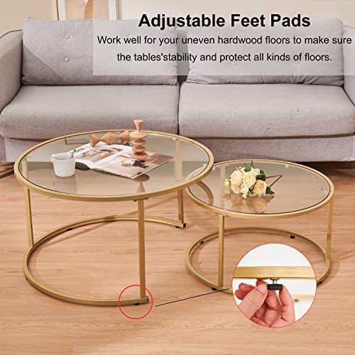 Modern Nesting Glass Coffee Table Set of 2, Round Tempered Glass Coffee Table for Living Room & Bedroom, Space-Saving Design with Adjustable Feet (Large Size + Black Frame) - color: Large Size + Black Frame
