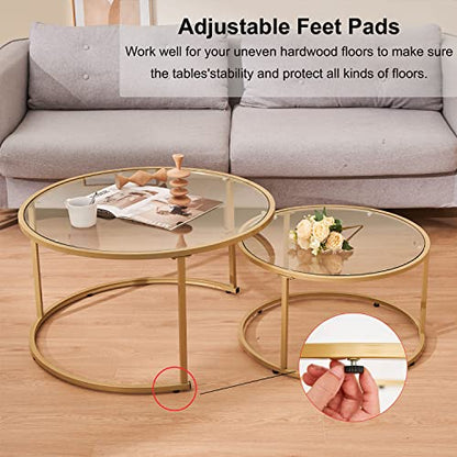 Modern Nesting Glass Coffee Table Set of 2, Round Tempered Glass Coffee Table for Living Room & Bedroom, Space-Saving Design with Adjustable Feet (Large Size + Black Frame) - color: Large Size + Black Frame