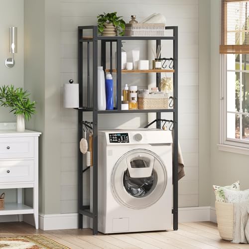 Over The Toilet Storage Rack, 3-Tier Bathroom Organizer Shelf, Above Toilet Storage with Paper Holder 8 Hooks, Over The Toilet Storage Cabinet for Bathroom, Laundry, Rustic Brown and Black TR06BR