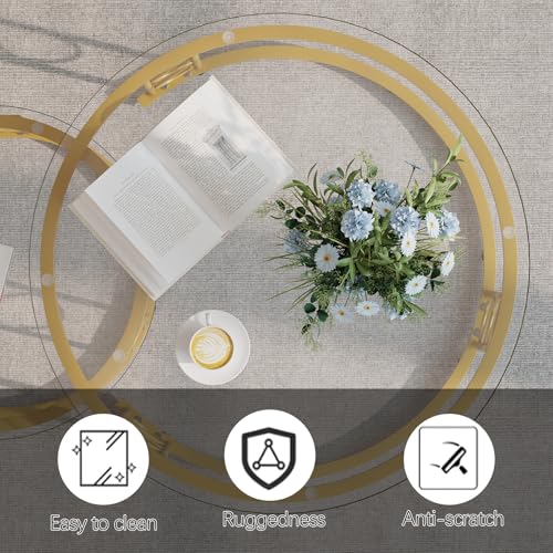 Nesting Coffee Table, 23.6" Round Coffee Table Set of 2, Glass Nesting Table with Metal Frame, Ceter Tables for Living Room Bedroom Balcony, Gold - color: Glass and Gold