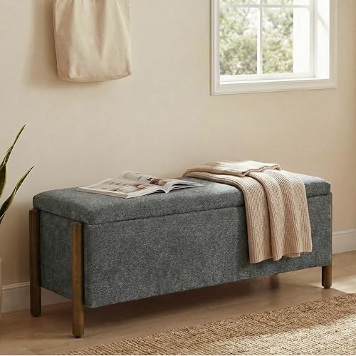 Usaint 47" Fabric Upholstered End of Bed Storage Ottoman Bench, Charcoal | Entryway Bench with Storage and Rubberwood Legs, 24.5 Gallons Storage Space, Hinged, for Bedroom, Living Room - color: Charcoal