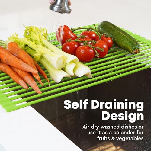 Zulay Kitchen Large Roll Up Dish Drying Rack - Heavy Duty Silicone Wrapped Steel Rods Over Sink Dish Drying Rack - Versatile Roll Up Sink Drying Rack & Trivet - Green,20.5 inches x 13 inches - color: Mint Green