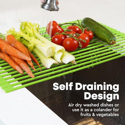 Zulay Kitchen Large Roll Up Dish Drying Rack - Heavy Duty Silicone Wrapped Steel Rods Over Sink Dish Drying Rack - Versatile Roll Up Sink Drying Rack & Trivet - Green,20.5 inches x 13 inches - color: Mint Green