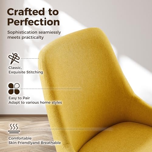 Swivel Desk Chair for Home Office, Oak Wood, Fabric, Yellow | No Wheels Design, Solid Wood Legs, Mid Century Modern, Upholstered, 360° Swivel, Low Armrests, Living Room, Bedroom - color: Yellow