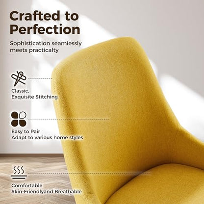 Swivel Desk Chair for Home Office, Oak Wood, Fabric, Yellow | No Wheels Design, Solid Wood Legs, Mid Century Modern, Upholstered, 360° Swivel, Low Armrests, Living Room, Bedroom - color: Yellow