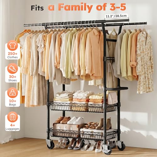SOLEDI Heavy-Duty Clothes Rack, 1000 LBS clothing rack with wheels Load Capacity Double Rod Clothing Rack with Shelves & Lockable Wheels, Suitable for Bedroom, Entryway, Living Room & Garage (black) - color: Black