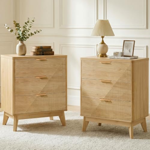LYNCOHOME 3 Drawer Fluted Nightstand, Modern Wood Night Stand with Curved Profile, Fluted Tall Nightstand with Drawers, Light Oak - color: Natural Stripes, size: 15.7"D x 23.6"W x 28.1"H（3 Drawers）