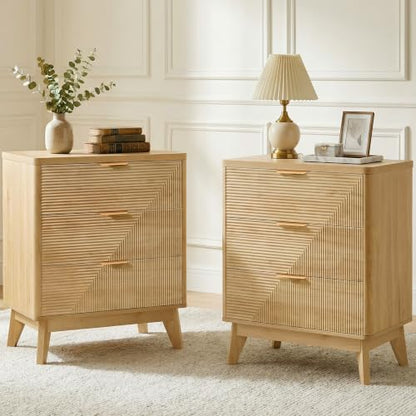 LYNCOHOME 3 Drawer Fluted Nightstand, Modern Wood Night Stand with Curved Profile, Fluted Tall Nightstand with Drawers, Light Oak - color: Natural Stripes, size: 15.7"D x 23.6"W x 28.1"H（3 Drawers）