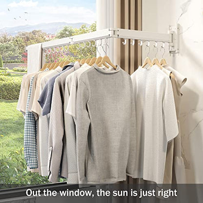 Wall Mounted Tri-Fold Clothes Drying Rack, Heavy Duty Collapsible Laundry Drying Rack, Space-Saving Retractable Foldable Drying Rack Clothes for Laundry Room Balcony Bathroom,White-Hooks - style: White-Hooks
