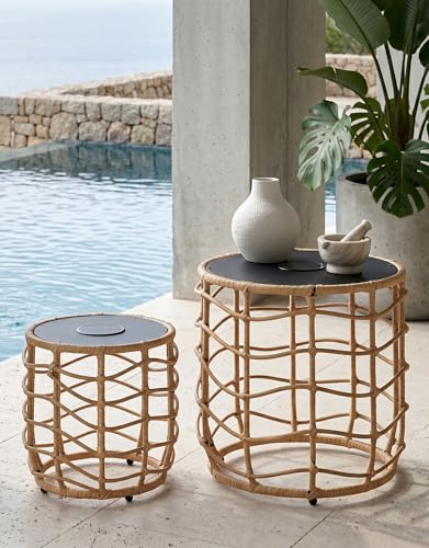 Boho Solar Outdoor Side Table with Built-in Lights Set of 2, All-Weather Wicker Nesting Tables, Round Waterproof Accent End Table Design for Patio, Porch, Garden & Balcony, Natural Brown - color: Natural Brown
