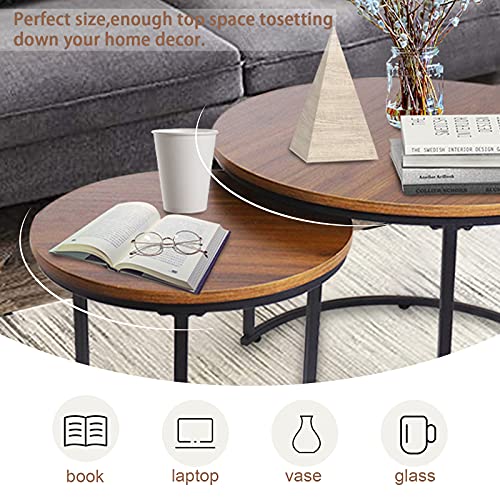 aboxoo Coffee Table Nesting Side Round Set of 2 End Table Top Sturdy Metal Frame Desk Centerpiece Living Room Bedroom Apartment Modern Industrial Simple Nightstand - color: Black Brown