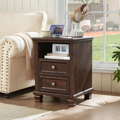 Farmhouse Nightstand with Charging Station, Walnut | End Tables Bedroom with 2 Drawers, Traditional Night Stand with Open Shelf & Thickened Top & Square Wooden Legs - color: Walnut, size: 18"D x 18"W x 25"H (2 Drawers)