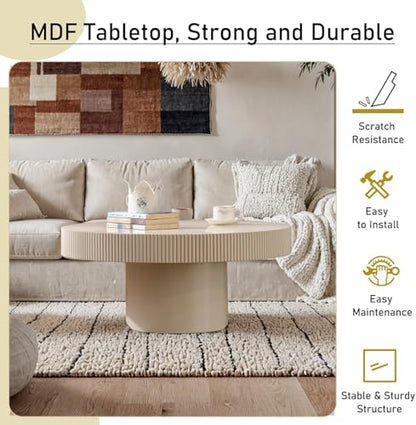 Round Fluted Coffee Table Handcrafted Relief Drum End Table | Mid Century Modern Drum Coffee Tables Rustic Industrials Wood Center Table for Apartment Living Room - color: White Round Thin