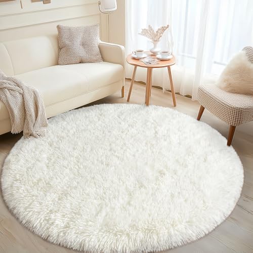 4ft Fluffy Cream White Round Rug for Bedroom, Washable Non-Slip | Soft Shag White Circle Rug for Kids Room Dorm Living Room Home Decor, Thick Memory Sponge, Flame Resistant - color: Cream White, size: 4' (Round)