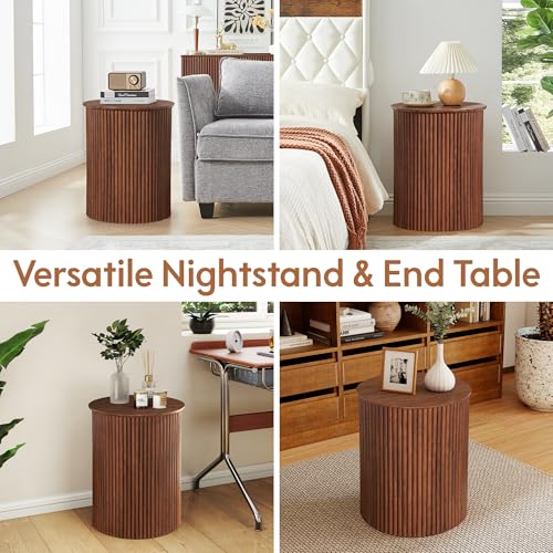 Round Fluted Side Table Set of 2, 17.7" Mid-Century Modern End Tables, Wooden Bedside Table Round Nightstand Small Circle Sofa Accent Table for Living Room, Bedroom Home(Walnut) - color: Walnut, size: 17.7"D x 17.7"W x 21.6"H