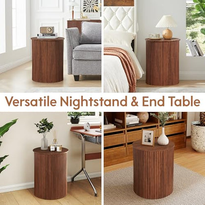 Round Fluted Side Table Set of 2, 17.7" Mid-Century Modern End Tables, Wooden Bedside Table Round Nightstand Small Circle Sofa Accent Table for Living Room, Bedroom Home(Walnut) - color: Walnut, size: 17.7"D x 17.7"W x 21.6"H