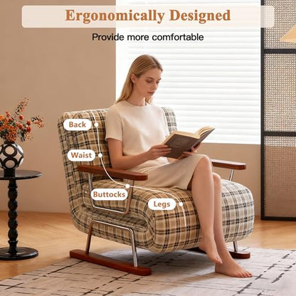 JASIWAY Single 3 in 1 Convertible Sofa Bed Chair with Adjustable Backrest, Checkered Fold Out Chair Bed with Pillow Fits for Small Space, Living Room, Bedroom, Ergonomic Comfort, Chestnut Brown