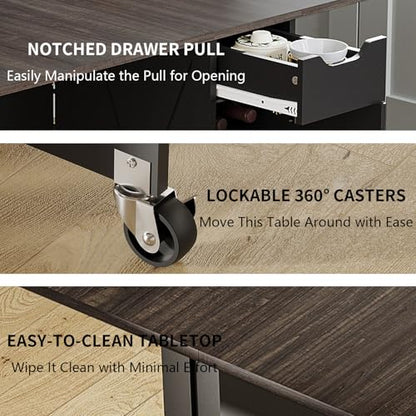 Folding Dining Table for 2-6, Easy Assembly, Dark Brown+Black | 52.7" Folding Dining Table with 6 Wheels, Drop Leaf Table with Drawers, Shelves and Wine Rack for Small Spaces - color: Dark Brown