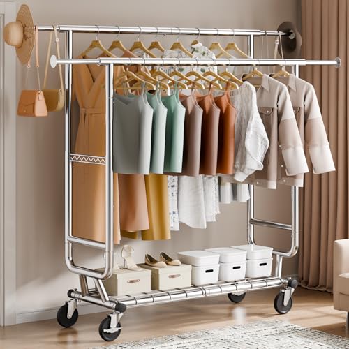 VEVOR Clothes Rack, Rolling Clothing Garment Rack, Extendable Carbon Steel Clothing Racks with Wheels for Bedroom, Laundry, Living Room - style: 2Rod,21.5"D x 75.4"W x 73.5"H