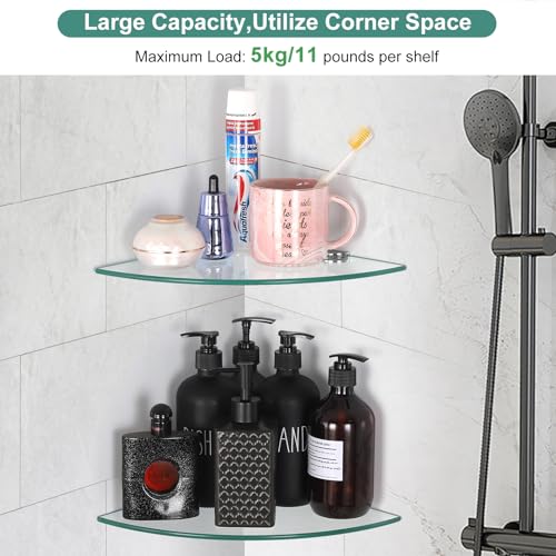 Glass Corner Shower Shelves, Tempered Floating Glass Shelves Wall Mount, Shower Caddy Organizer, Bathroom Corner Shelf with Zinc Alloy Brackets for Bathroom, Kitchen, Living Room, 9.8" x 9.8", 2 Pack - size: 2 PACK Without Rail