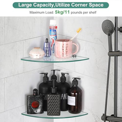 Glass Corner Shower Shelves, Tempered Floating Glass Shelves Wall Mount, Shower Caddy Organizer, Bathroom Corner Shelf with Zinc Alloy Brackets for Bathroom, Kitchen, Living Room, 9.8" x 9.8", 2 Pack - size: 2 PACK Without Rail