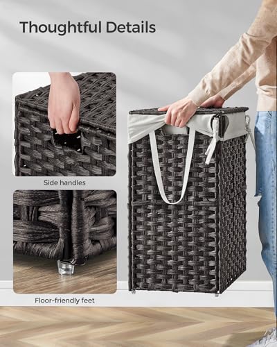 SONGMICS Laundry Hamper with Lid, 23.8 Gallon (90 L) Synthetic Rattan Clothes Laundry Basket with Lid and Handles, Foldable, Removable Liner, Black ULCB51BK - color: Black, size: 90 L
