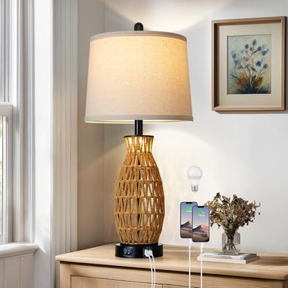 CINSARY 27" Boho Rattan Table Lamp Single with Night Light, Handwoven Wicker Bedside Lamp with USB A+C Charging Port, Woven Coastal Bedroom Lamps for Night stand, Beach Living Room Lamps for End Table - color: Rattan(1 Pack)