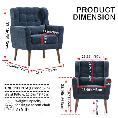 Accent Chair, Living Room Chairs with Solid Wood Legs & Pillow | Chairs Living Room with High Tufted Backrest, Reading Chair for Bedroom/Office, Chenille Fabric - color: Dark Blue