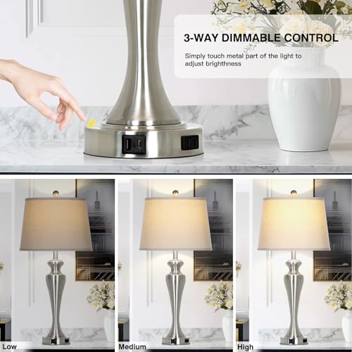 CINSARY Silver Table Lamps Set of 2, Touch Control Bedside Lamp with USB A+C Ports and AC Outlet, 3-Way Dimmable Bedroom Lamps for Nightstand, Tall Brushed Nickel Living Room Lamp for End Table - color: Silver (2 Pack)