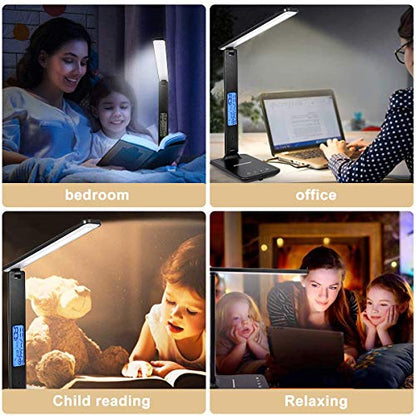 LED Desk Lamp with Wireless Charger, Suitable for Home, Office Dimmable, with USB Charging Port, Built-in Clock, Calendar, Thermometer and Automatic Timing Reading Desk Lamp. - color: Black