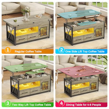 Itaar 40" Lift Top Coffee Table with Storage for Living Room, 4 in 1 Table | Grey LED Expandable Coffee Table with 2 Fabric Drawers & LED Light & Hidden Compartmen for Dining Living Room Table - color: Grey