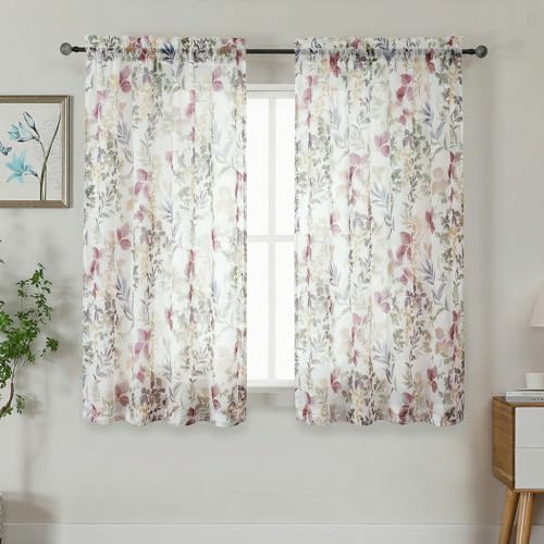Crushed Sheer Curtains 63 Inch Length 2 Panels Set, Sheer Floral Curtians with Printed Leaves Design, Printing Drapes for Living Room, Rod Pocket Light Filtering Window Sheers Purple, 42"Wx63"L - color: Purple/Multi, size: 42"W x 63"L (Pack of 2)