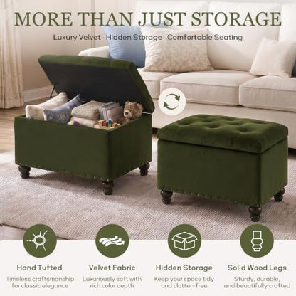 Zihanhome Velvet Storage Ottoman Bench, Button Tufted Ottoman with Hidden Storage, Upholstered Foot Rest Stool with Solid Wood Legs for Living Room, Bedroom, Entryway & Small Spaces (Olive Green) - color: Velvet-olive Green