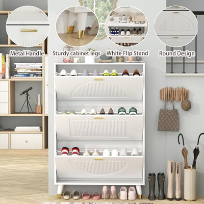 White Shoe Storage Cabinet: 32" Ultra Thin Small Shoe Cabinet | Modern Slim and Narrow Hidden Shoes Rack Organizer with Doors and 3 Flip Drawer for Entryway - size: 32"