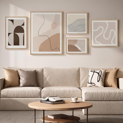 Large Framed Neutral Abstract Wall Art for Living Room, 5 Piece Beige Brown Canvas Prints Paintings Artwork for Walls, Modern Geometric Minimalist Pictures for Bedroom Dining Room Office Wall Decor - color: Beige - 5Pcs