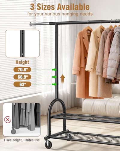 Heavy Duty Clothes Rack for Hanging Clothes Load 556 LBS, Height Adjustable Rolling Clothing Racks, Portable Metal Coat Rack Garment Wardrobe with Wheels and Shelves for Bedroom Laundry, Black - color: Black, style: 2 Shelves