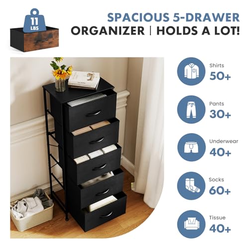 DUMOS Nightstand with 5 Drawers, Bedside Table with Removable Fabric Bins, Sturdy Steel Frame Wood Top Skinny Dresser for Bedroom Closet Living Room, Black - color: Black, size: 15.7"D x 11.8"W x 47.7"H (5 Drawers)
