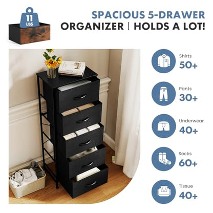 DUMOS Nightstand with 5 Drawers, Bedside Table with Removable Fabric Bins, Sturdy Steel Frame Wood Top Skinny Dresser for Bedroom Closet Living Room, Black - color: Black, size: 15.7"D x 11.8"W x 47.7"H (5 Drawers)