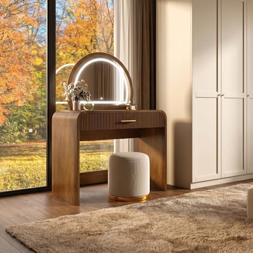 Makeup Vanity Desk with LED Touch Screen Lighted Mirror, Wooden Vanity Table with Drawer, Curved Edge Dressing Table with Removable Mirror for Bedroom (Espresso) - color: Espresso