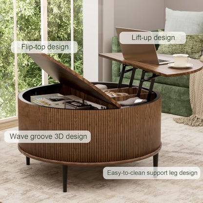 31.5" Round Coffee Table with Storage,Fluted Lift Top Center Table, Midcentury Modern Flip-top Curved Table for Living Room,Walnut