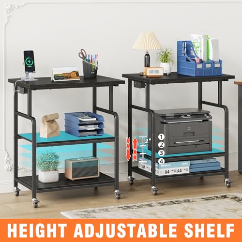 YAOHUOO 3 Tier Large Printer Stand with Power Outlet/Adjustable Shelf | 23.6"x19.6" Large Top,Fit 2-3 printers,Rolling Cart with Wheels,Table for Home Office,Fit 3D Printer/Heat Press/Laser,Black - color: Black, size: 23.6"×19.6"