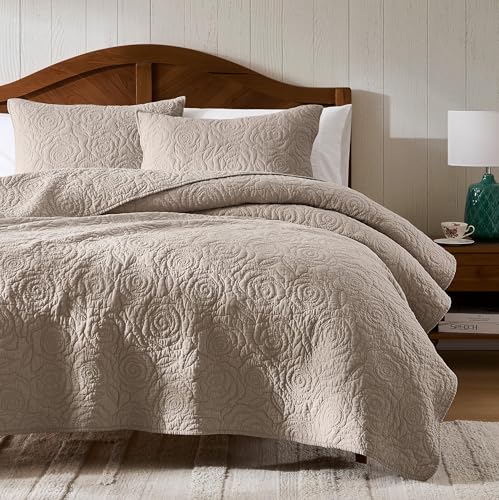 WDCOZY Dark Beige 100% Cotton Quilt Twin Size Bedding Sets with 1 Pillow Shams, Floral Rosette Lightweight Bedspread Soft Farmhouse Patterned Coverlet Quilted Comforter Bed Cover All Season, 2 Pieces - color: Dark Beige, size: Twin (68"x86")
