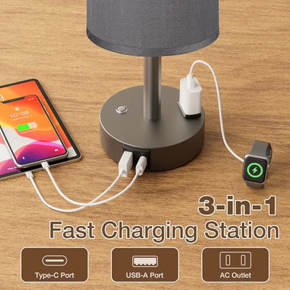 Grey Touch Bedside Lamp for Bedroom, Stepless Dimmable, USB A+C, AC Outlet | Base Touch Button Only, Memory Brightness, Ultra-dim Night Light, Included Bulb for Optimal Dimming, Grey Fabric Shade, Desk - color: Grey & Grey