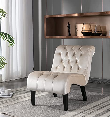 Comfy Velvet Accent Chair, Tufted Armless Side Chair with Rolled Edge | Modern Small Lounger for Living Room, Upholstered Reading Chaise Lounge with Solid Rubber Wood Legs, Beige - color: Beige, size: Set of 1