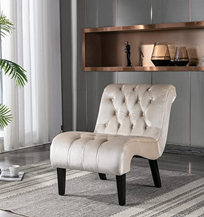 Comfy Velvet Accent Chair, Tufted Armless Side Chair with Rolled Edge | Modern Small Lounger for Living Room, Upholstered Reading Chaise Lounge with Solid Rubber Wood Legs, Beige - color: Beige, size: Set of 1