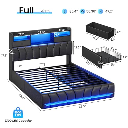 DICTAC Full Bed Frames with Storage Headboard and 2 Large Drawers, Gaming Bed with RGB Lights and Charging Station, Leather Upholstered Platform Bed, Esports-Style Bed, No Box Spring Needed, Black - color: Black, size: Full