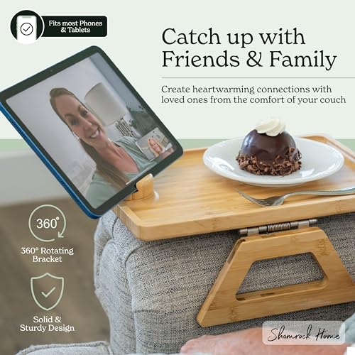 Bamboo Couch Arm Table with Device Holder, Clip On Tray. for TV Dinners, Remotes, Drinks, Snacks and Small Spaces (Rectangular with Device Holder, Beige, Regular 13.75 x 9.5) - color: Beige, size: Regular 13.75 x 9.5", style: Bamboo Rectangular with Devic
