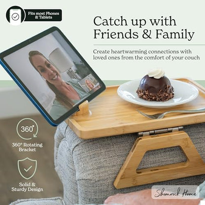 Bamboo Couch Arm Table with Device Holder, Clip On Tray. for TV Dinners, Remotes, Drinks, Snacks and Small Spaces (Rectangular with Device Holder, Beige, Regular 13.75 x 9.5) - color: Beige, size: Regular 13.75 x 9.5", style: Bamboo Rectangular with Devic