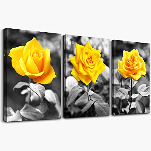 Canvas Wall Art For Bedroom Living Room Bathroom Wall Decor For Kitchen Wall Pictures Artwork Black And White Yellow Rose Flowers Paintings 12" X 16" 3 Pieces Framed Modern Office Home Decorations - color: Yellow Rose Flower, size: 12x16inches*3pcs